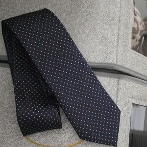 Saddlebred Navy Tie with Orange and Light Blue Micro-Dots